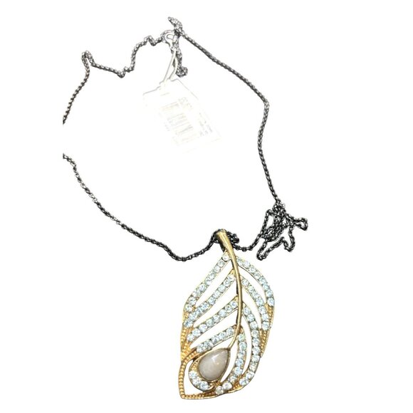 Crystal Leaf Gold-tone Pendant Necklace, 14" drop - Picture 1 of 10